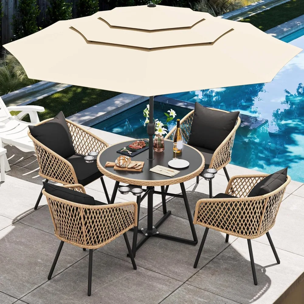 

6 Piece Patio Dining Set w/10ft Umbrella, 4-Person Outdoor Dinings Set w/Tempered Glass Tabletop & 4 Dinings Chairs,Dining Sets