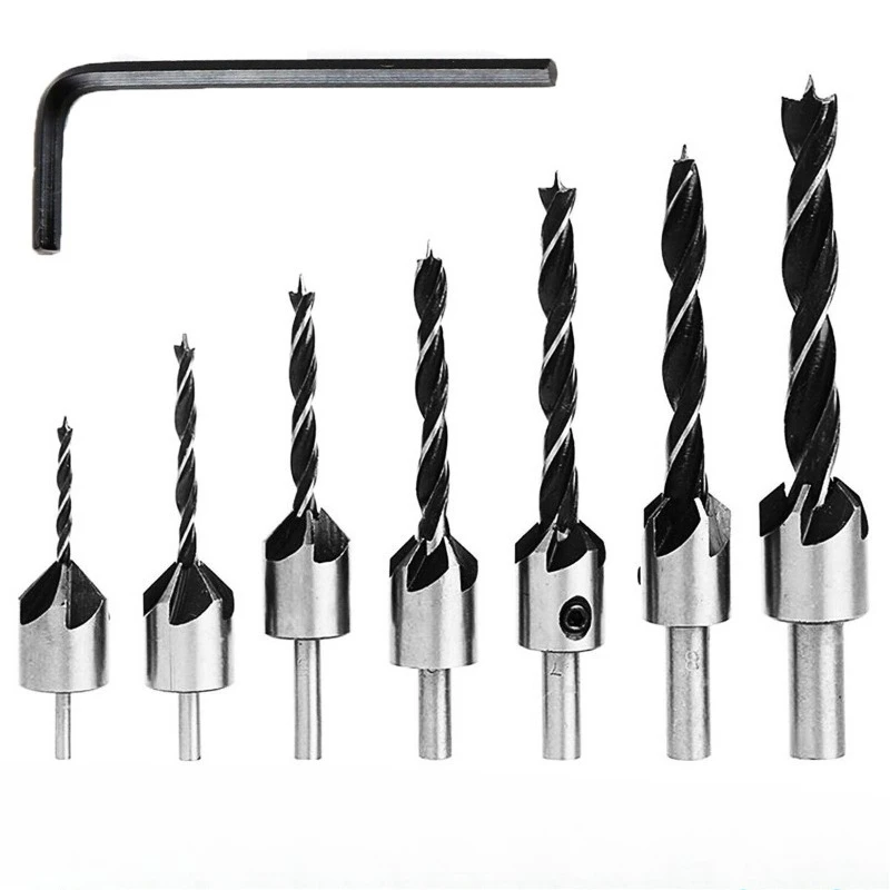 

7Pcs HSS Wood Countersink Drill Bit Set 3 4 5 6 7 8 10mm Carpentry Tool Wood Chamfer Tool Reamer Drill Bit