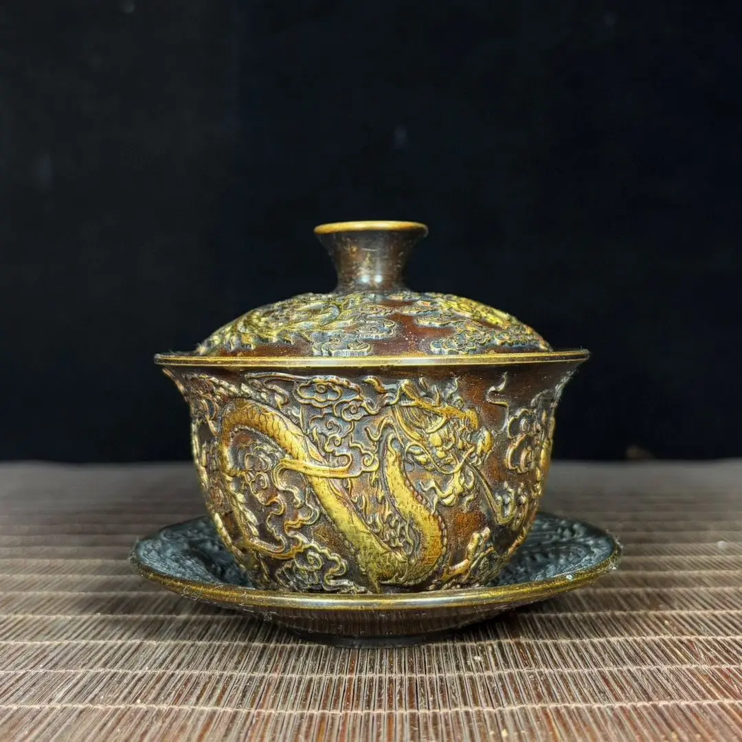 Gilt Pure Copper Covered Bowl with Dragon and Phoenix Auspicious Patterns