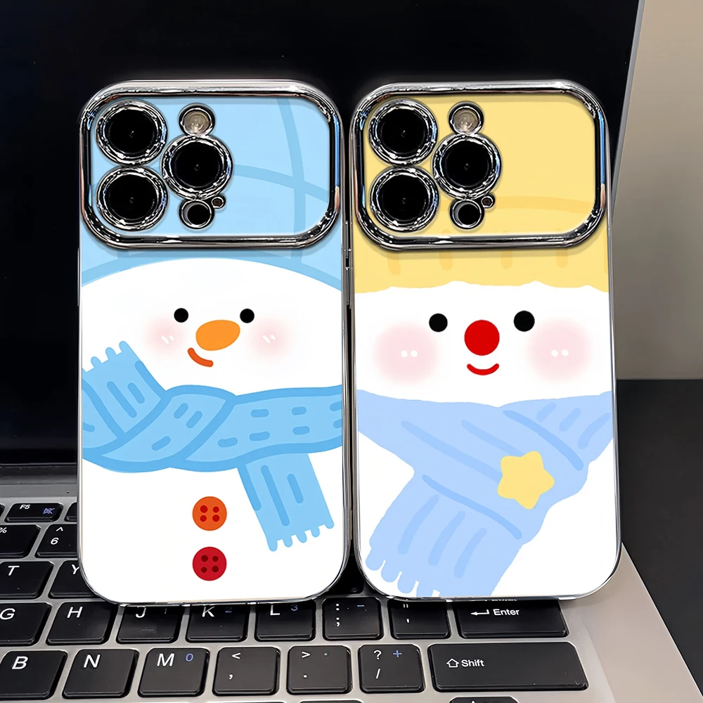 Cute snowman couple For Samsung A04 A05 A10 A21S A50 A325G  Matte phone electroplated frame dropproof Large window phone case