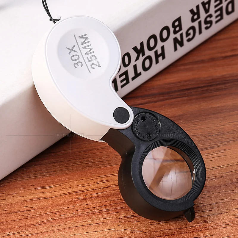 

50pcs 30x 25mm Portable Folding Magnifying Glass Double Led Lamp Antique Jewelry Stationery Waist Code Anti-counterfeiting