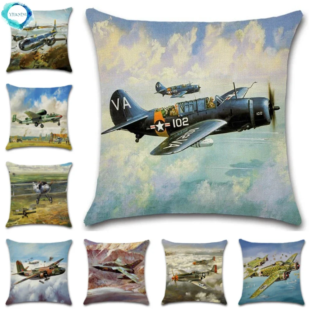 Cartoon Retro Airplane Pattern Decorative Cushion Cover Home Square Sofa Chair Cotton Linen Pillowcase 45X45CM Fundas De Cojin