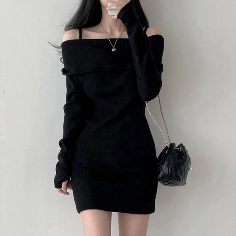 Y2K Women Knitted Mini Dress Korean Sexy Off Shoulder Female Dress Spring New Spaghetti Strap Long Sleeve Ladies Vestidos