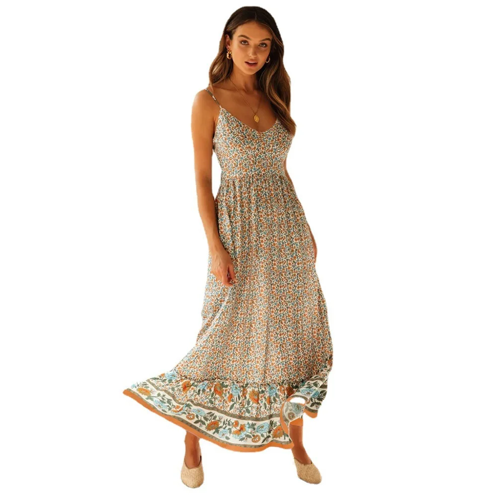 Bohemian Floral Spaghetti Strap Dresses Women Sexy V-neck Backless Casual Beach Vacation Long Dress Female Vestidos Summer New