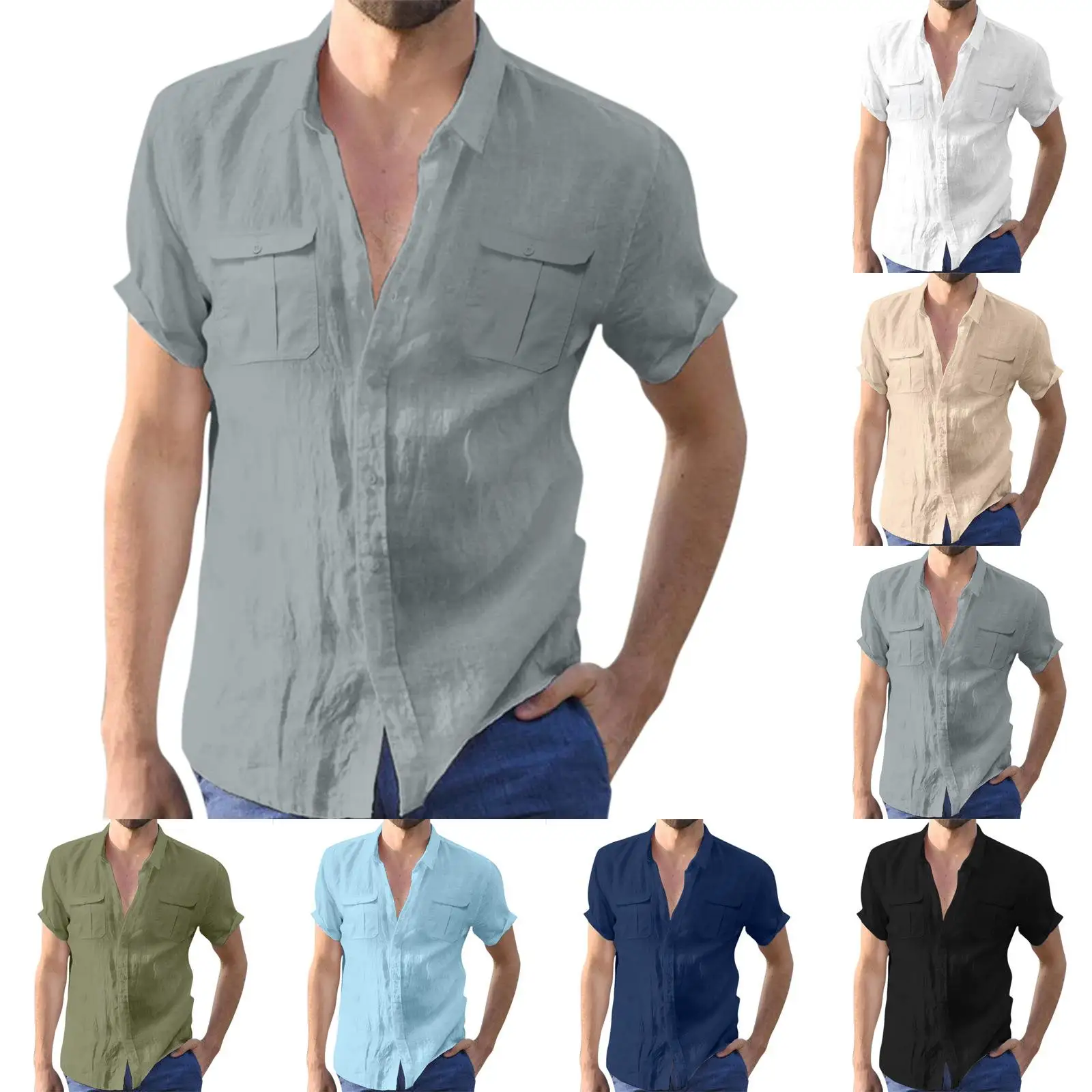 

Men's Short Sleeve Linen Shirt Double Pocket Britsh Style Fashion Casual Easy Care Collar Short Sved Shirt for Summer