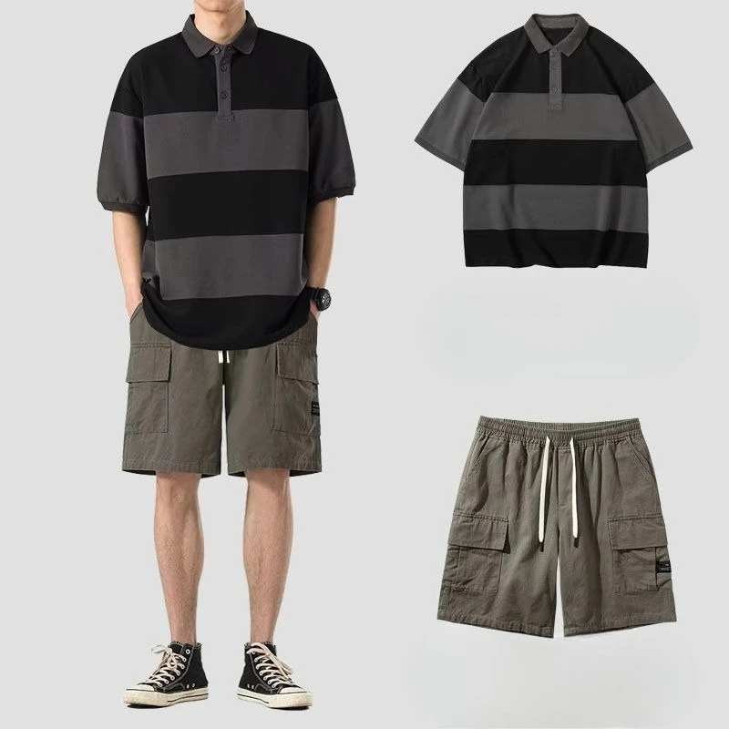 

Men's Shorts Set Black No Logo Male T Shirt Short Sets Outdoor Trends Costumes Elastic Loose Essential Stylish Summer Clothes