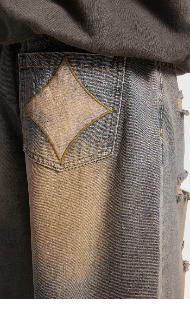 2025 Men's Star Embroidery Ripped Jeans - Distressed Washed Wide Leg High Street Loose Straight Pants, Hiphop Streetwear Fashion