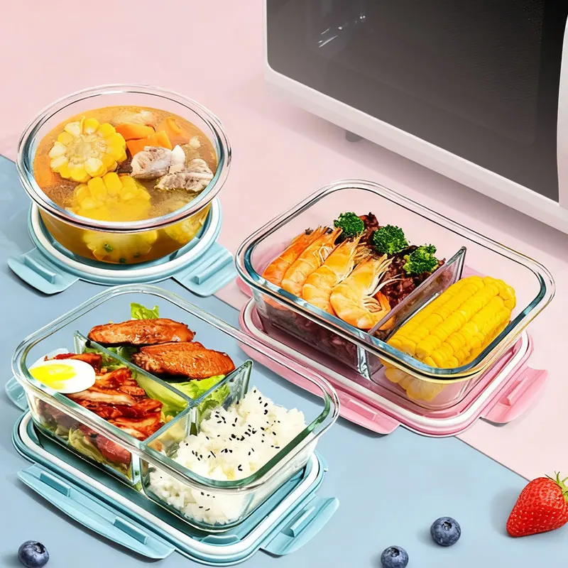 

Heat Resistant Glass Lunch Box Microwave Se Fruit Preservation Bowl with Lid Double Layer Adult Home Use Transparent Cylinder