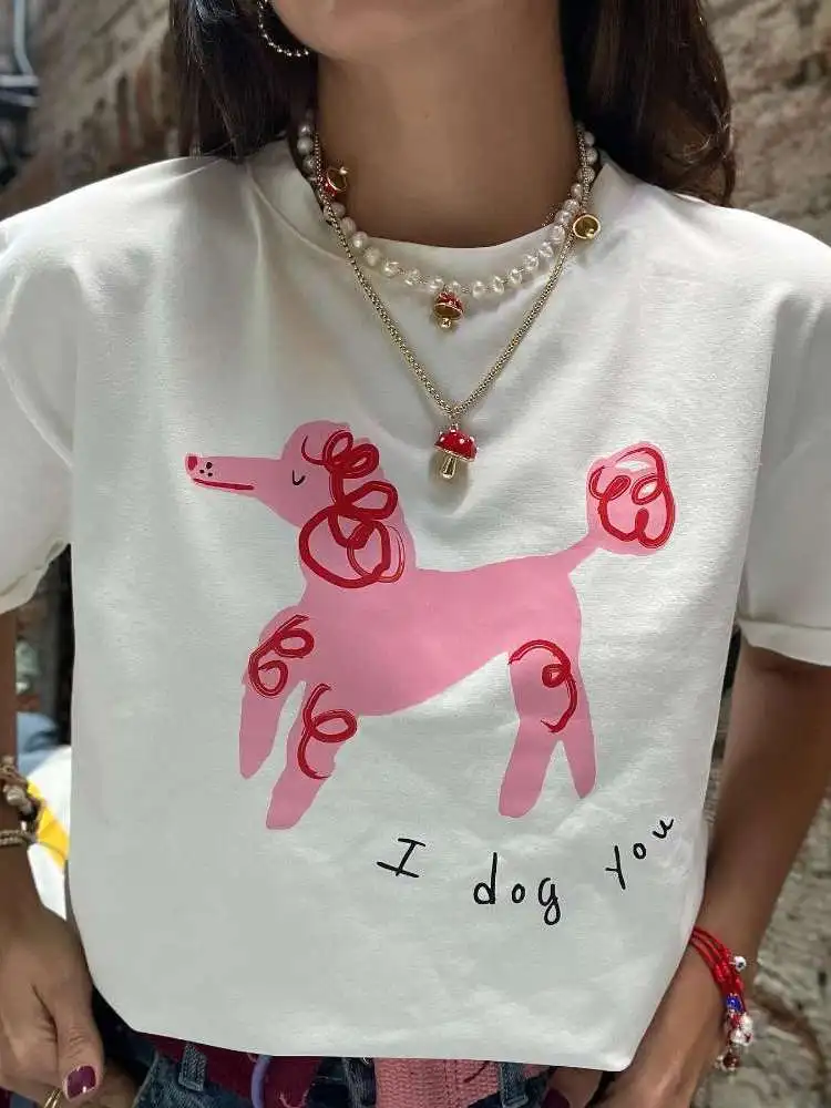 Retro American Vintage Summer Cute Graffiti Dog Print Spicy Girl Loose Pure Cotton Short Sleeve T-Shirt Women's Fashion