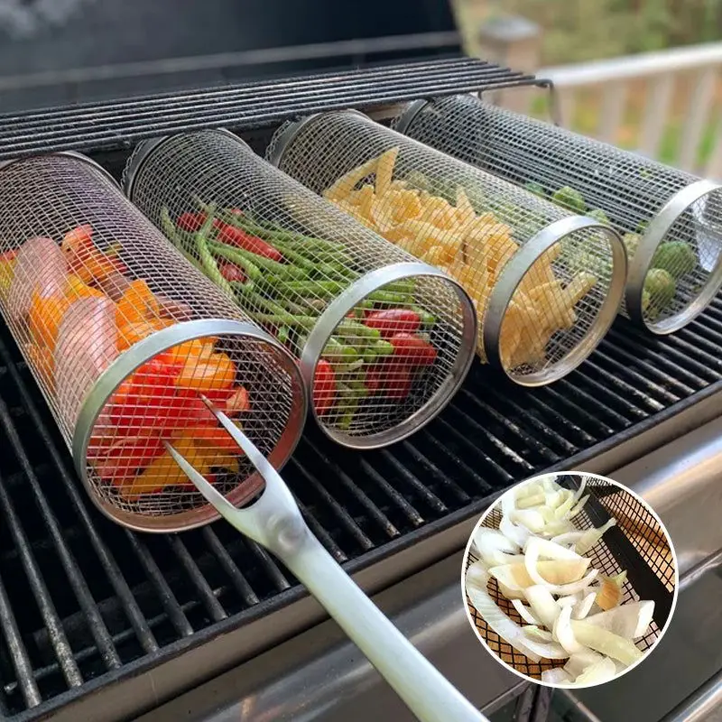 

Food Grade Stainless Steel BBQ Grill Basket Outdoor Barbecue Picnic Grill Rolling Grill Basket For Vegetables, Shrimp, Fish,Meat