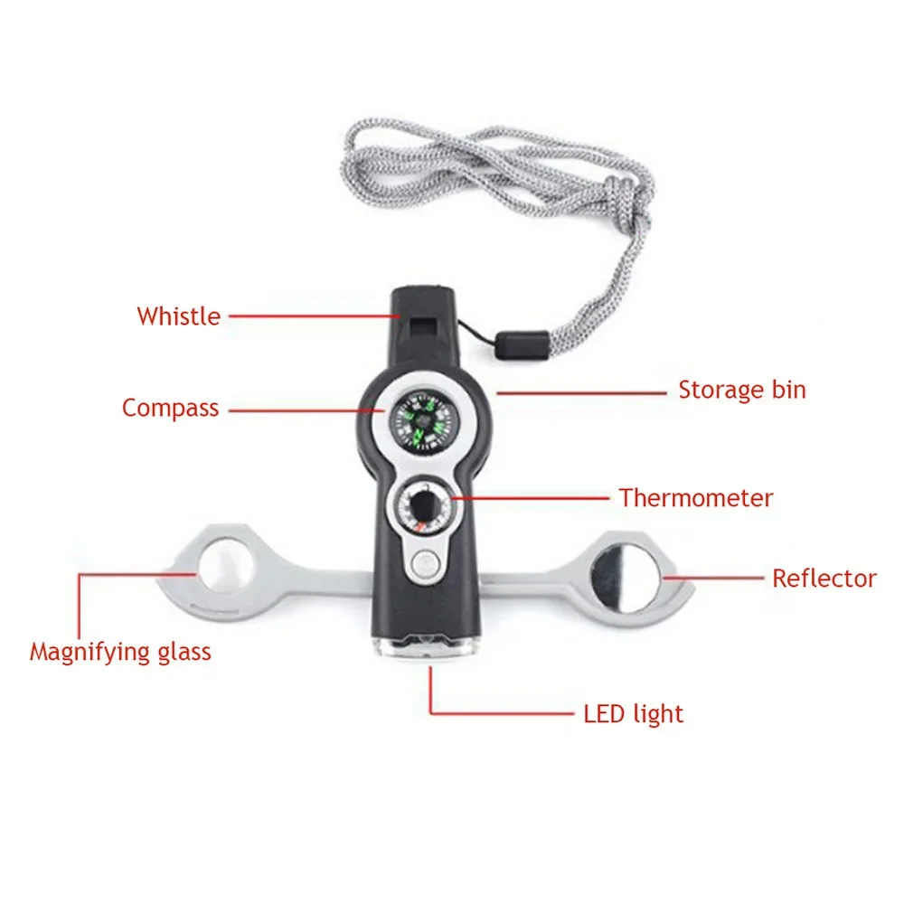 7 in 1 Survival Emergency Whistle High-decibel Survival Whistle Outdoor Hiking Multi Tool Compass Thermometer Reflector