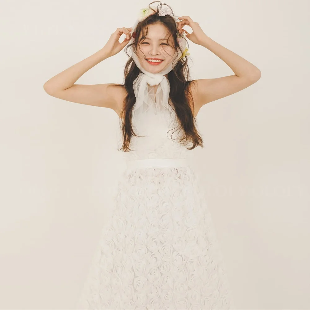 

OLOEY Luxury Lace A Line Wedding Dress Korea Photo Shoot Floor Length Strapless Bridal Gown with Belt Sleeveless Customized
