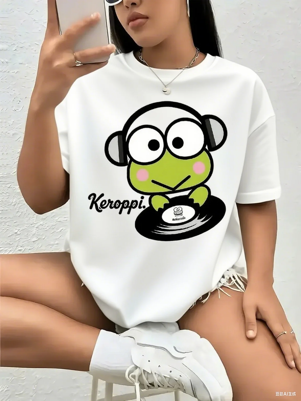 

DJ Keroppi Graphic Pure Cotton T - Shirt Cute Sanrio Character with Headphones and Vinyl Fun Music - Themed Tee Tee S-4XL