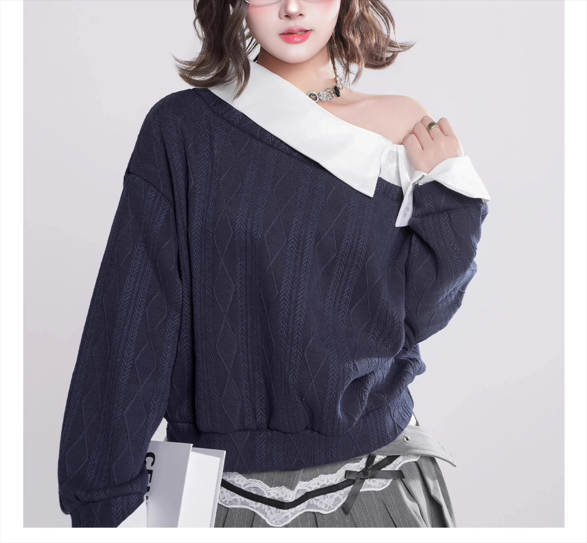 2025 Spring and Autumn New Korean Style Fake Two-Piece Patchwork Asymmetrical Long Sleeve Hoodie Loose Short Gray Casual Top