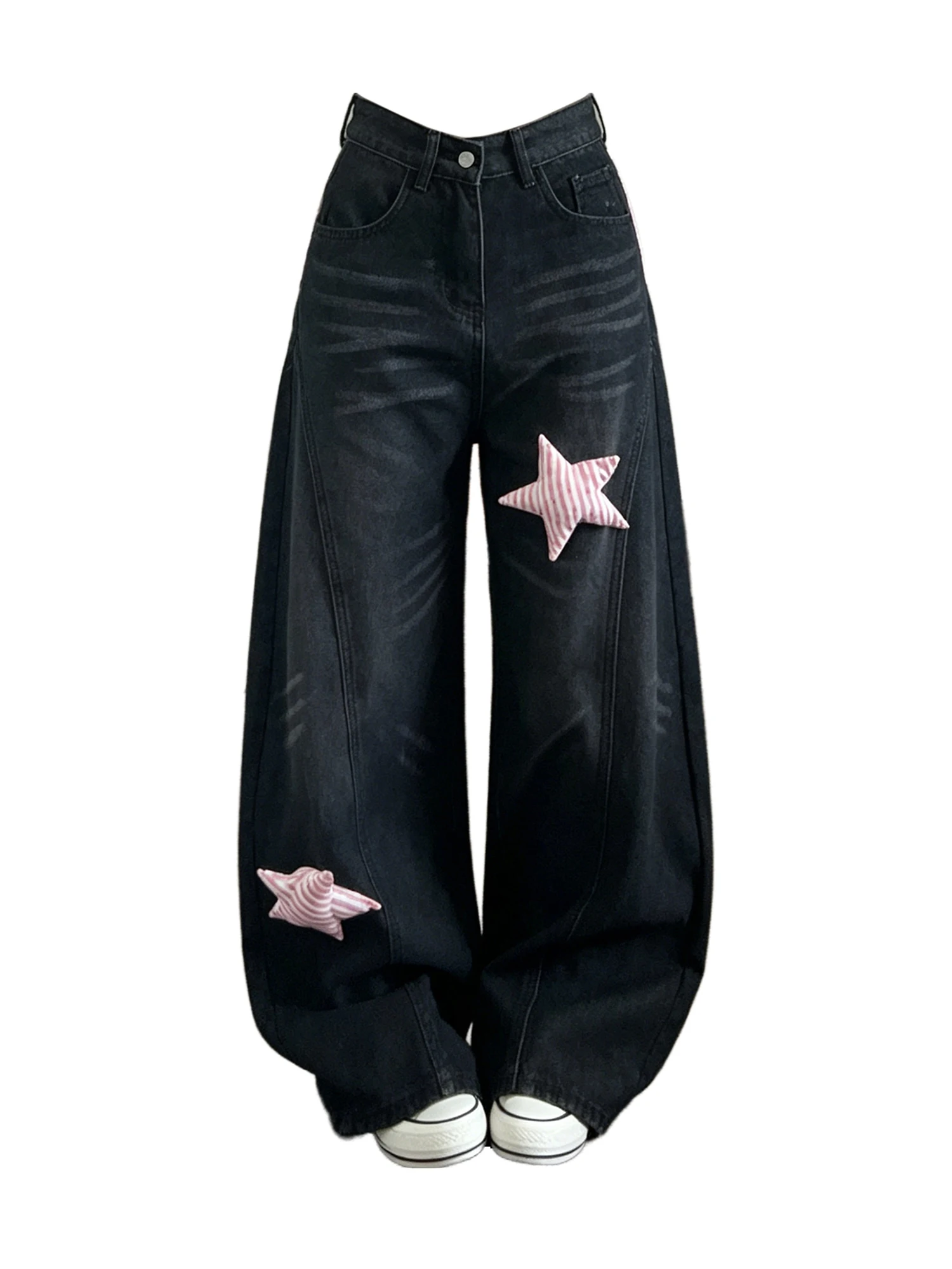 Women's Black Gothic Y2k Emo Star Jeans Vintage Hiphop Grunge Washed Jeans Pants Baggy Straight Leg Denim Pants for Women Summer