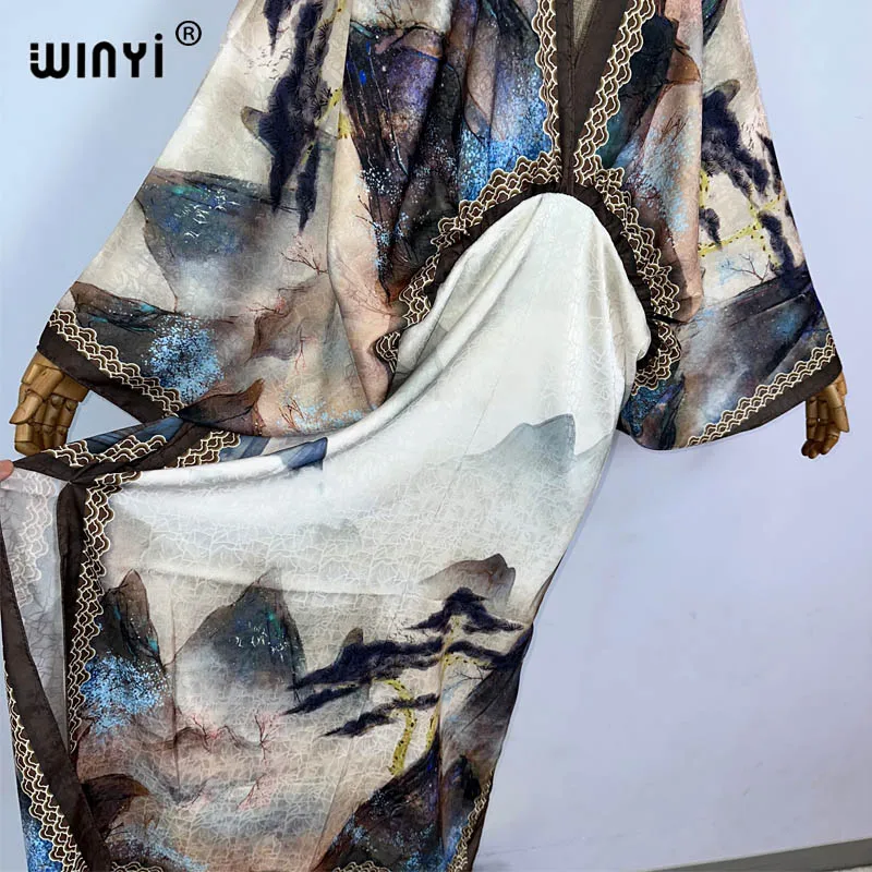 WINYI Bohemian Summer Beach Dress High Quality Double Sided Boho Printing Elegant silk maxi dress Women Evening party kaftan