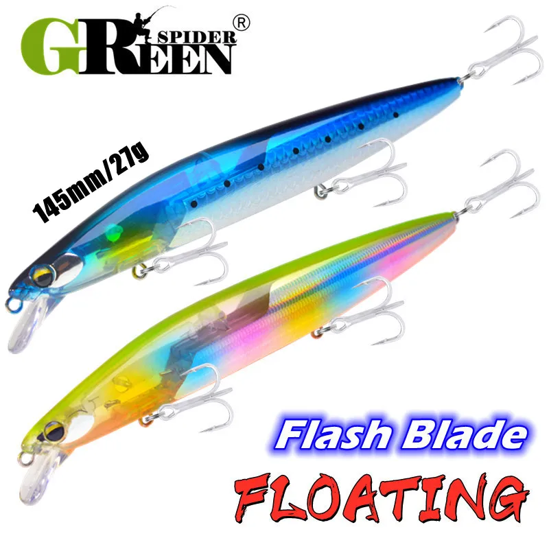 GREENSPIDER 2023 NEW Fishing Floatng Minnow 145mm 27g Flash Lures Flash Blade Sea Bass Lure Bait Floating Wobblers Crankbait