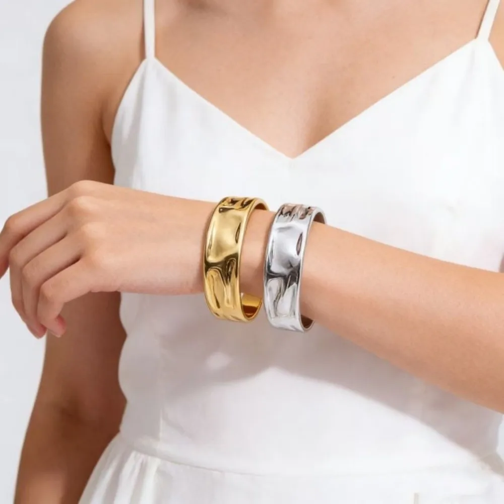 New Irregular Open Cuff Bracelets Punk Smooth Geometric Bangles Gold Silver Color Wrinkle Metal Bracelets Jewelry