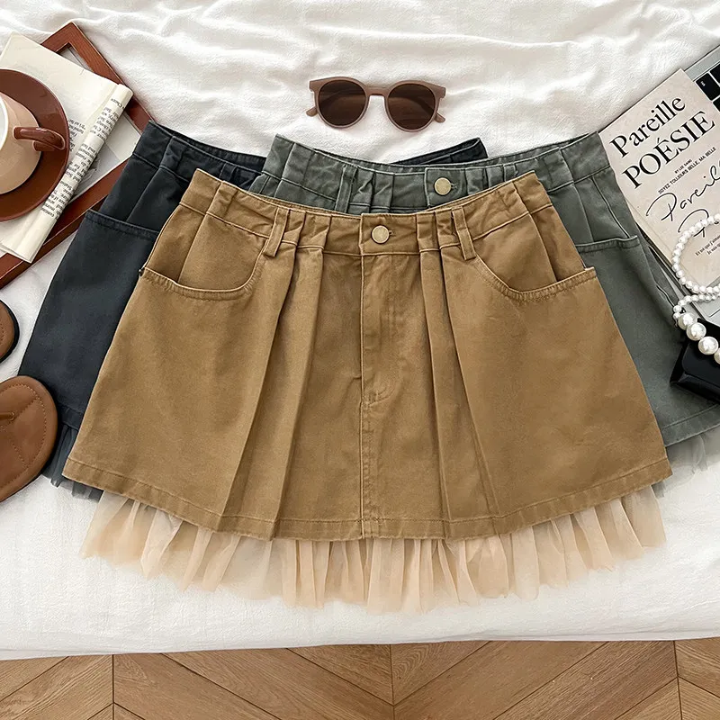 Women Khaki Mesh Patchwork Denim A-Line Skirt Y2K Gyaru Vintage Cowboy Skirt Korean Style High Waist Mini Skirt for Women Summer