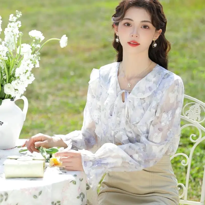 Korea Ruffles V-neck Blouses Women Long Sleeve Floral Lace-up Fairy Holiday Tender Temperament Ladies Spring Leisure