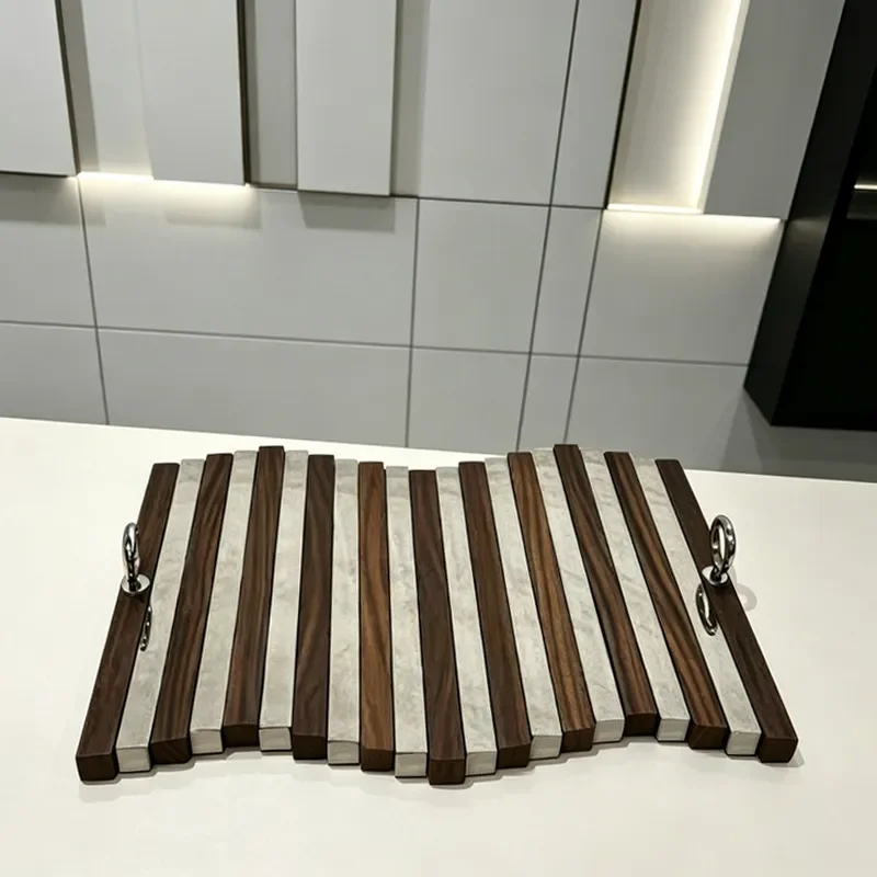 Modern Wooden Stainless Steel Tray Creative Splicing Design for Living Room Hotel Restaurant Home Soft Decoration Accessories