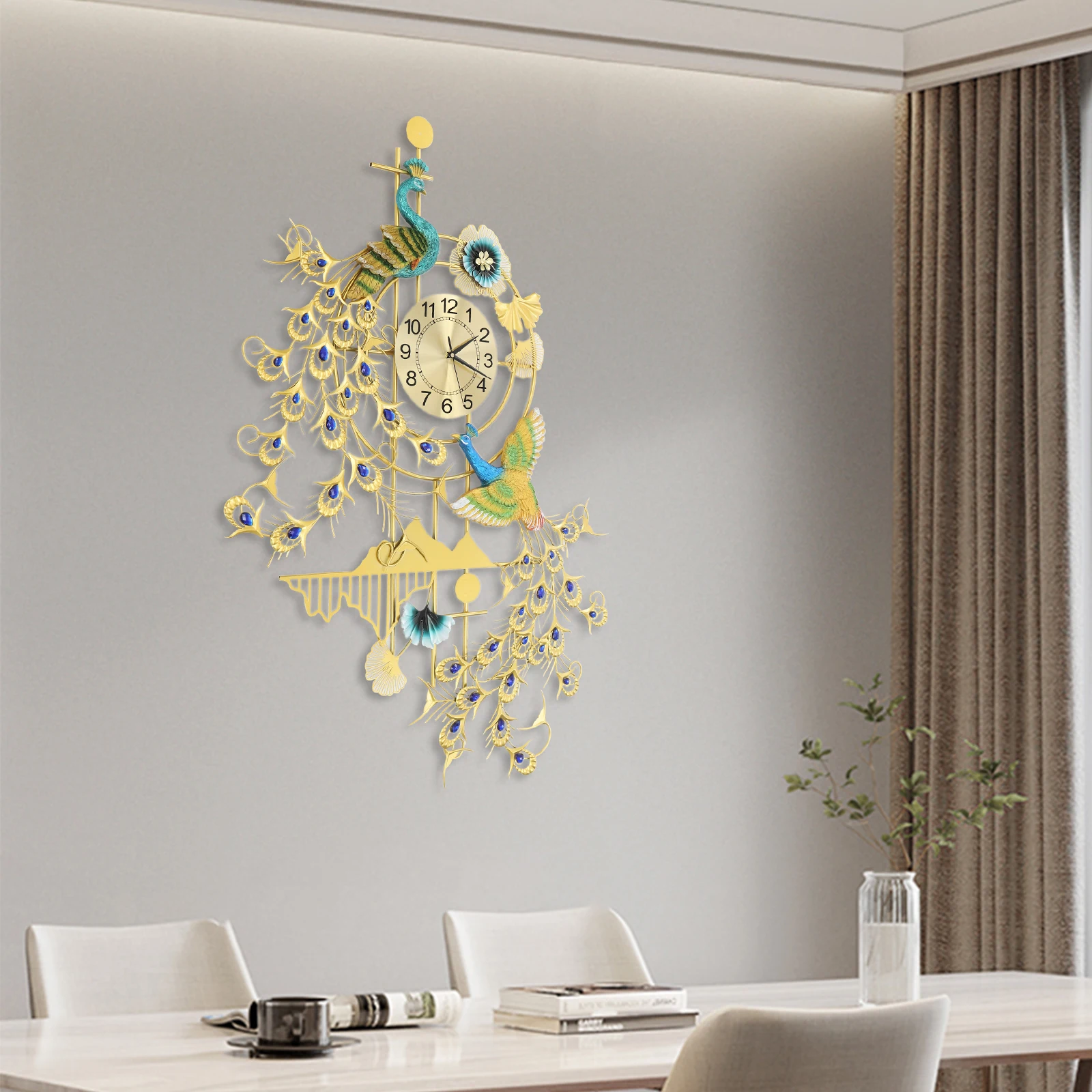 Large Peacock Wall Clock 80*120cm Art Wall Clocks Effortless Cleaning Peacock Wall Clock for Dining Room/Bedroom/Foyer/Corridor/Bar/Cafe/Store/Office
