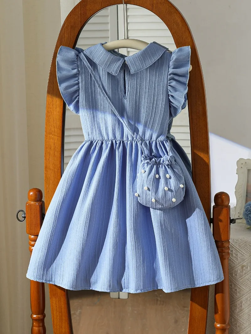 2026 Hot Sale: Girls' 2-Piece Set featuring a Flutter Sleeve Beaded Bubble Dress with Double Collar & Matching Bag