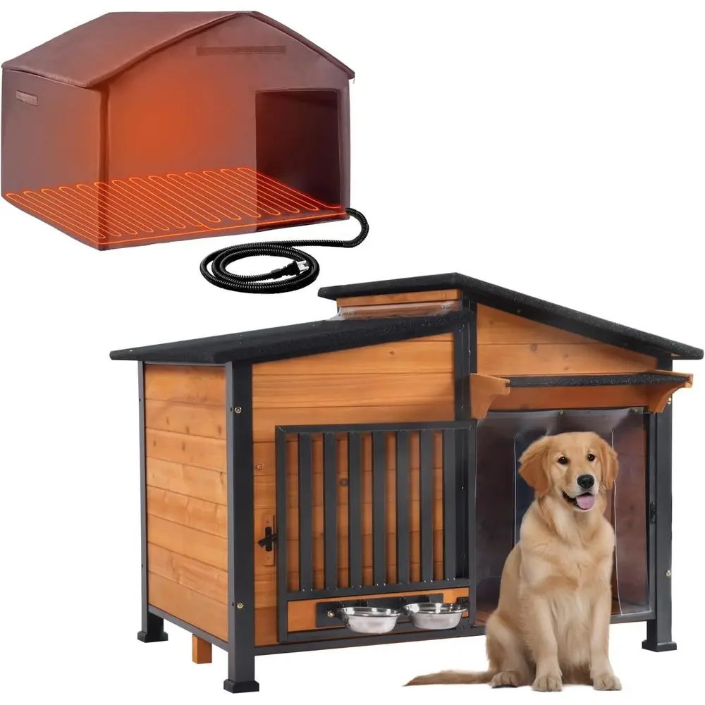 

Anti-Chewing Metal Frame Design Wooden Dog Kennel with Unique Design Roof, Weatherproof Dog House for Indoor & Outdoor Use (Wood