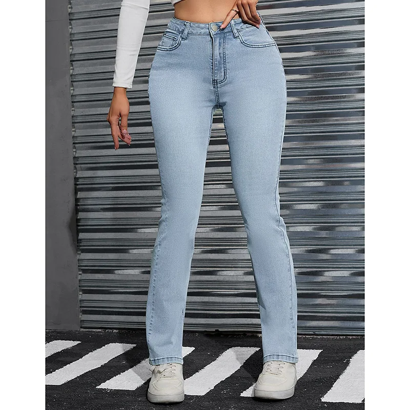 

Girls Designer Straight Leg Flared Jeans Lady High Waist Slim Fit Denim Trousers Women Fashion Light Blue Casual Pants