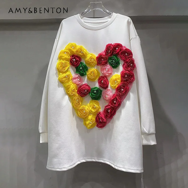 Casual Flowers Big Peach Heart Loose Large Edition Hoodie Heavy Industry T-Shirt Medium And Long Sweatshirts Age Reduction Women