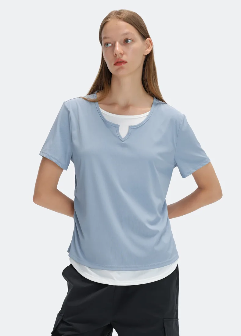 

Quick-dry Women Yoga Plus Size Fake Two Pieces Short Sleeve Loose T-shirt Outdoor Sports Running Fitness Gym Oversize Tops