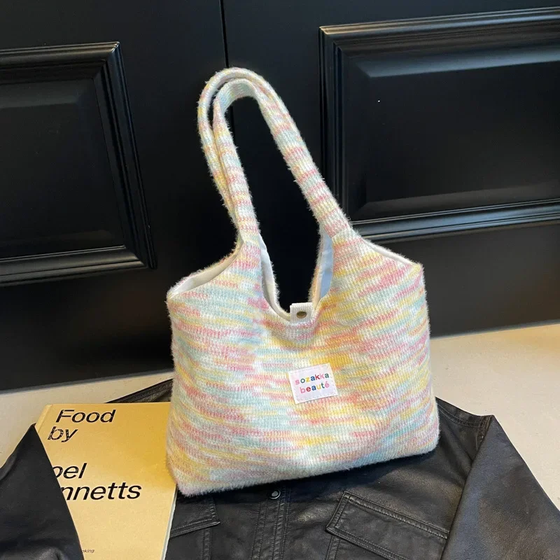 Large capacity plush shoulder bag versatile student tote bag