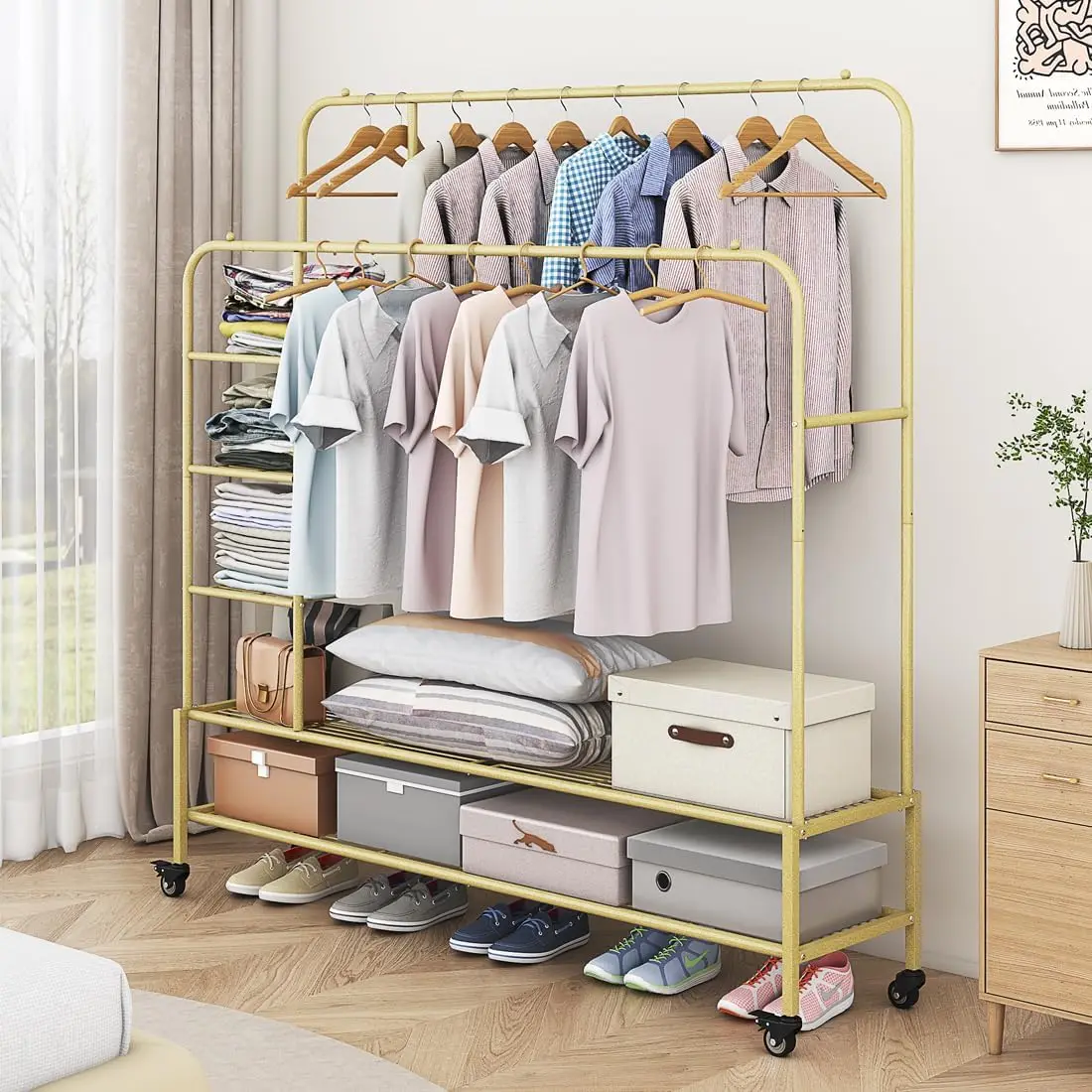 Metal Shelf Drying Coats Shirt,Black (Gold+Double Rods+Shelf)