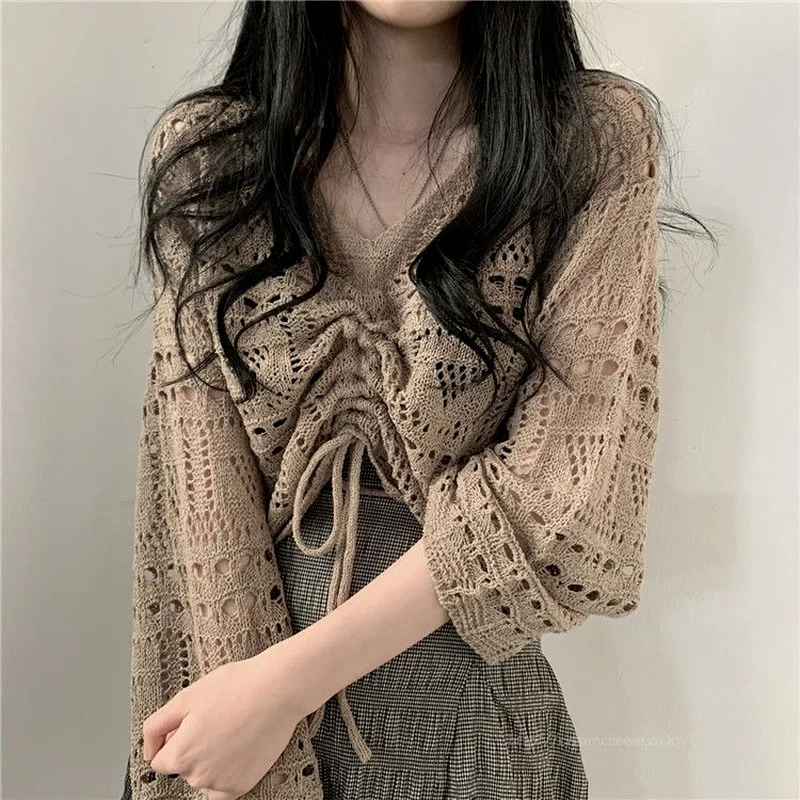 Pullover Women Hollow Out Design Sexy Tops Autumn Woman Korean Fashion New Streetwear All-match Loose Khaki V-neck Simple Chic