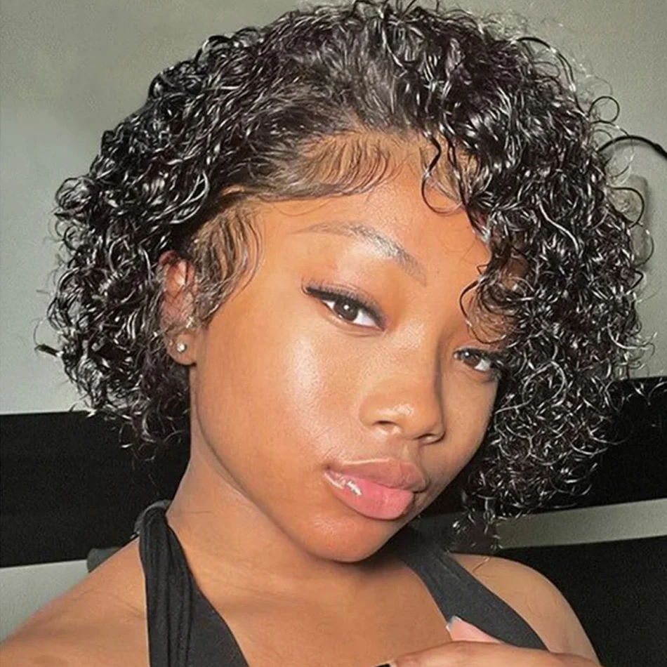 Curly Pixie Cut Wig Lace Wig Water Curl Short Bob Human Hair Wig For Women 13X1 Transparent Lace Wig Hair Cheap Wig Pre Plucked