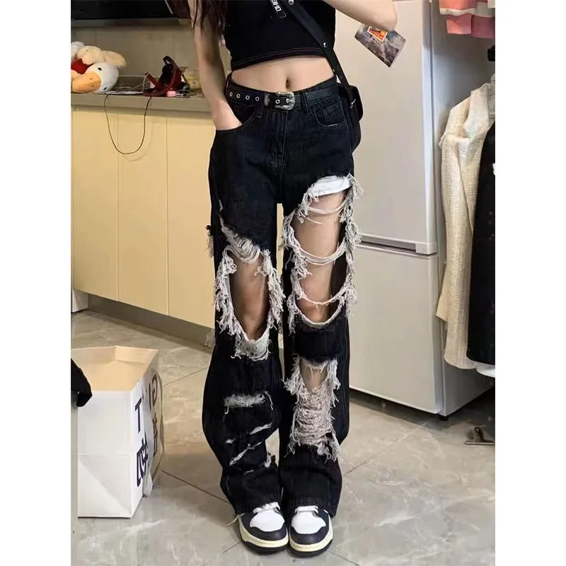 Women\'s Ripped High Waist Jeans with Burrs and Tassels Loose Wide Leg Pants Spring and Summer Straight Mop Pants Black Y2k Pants