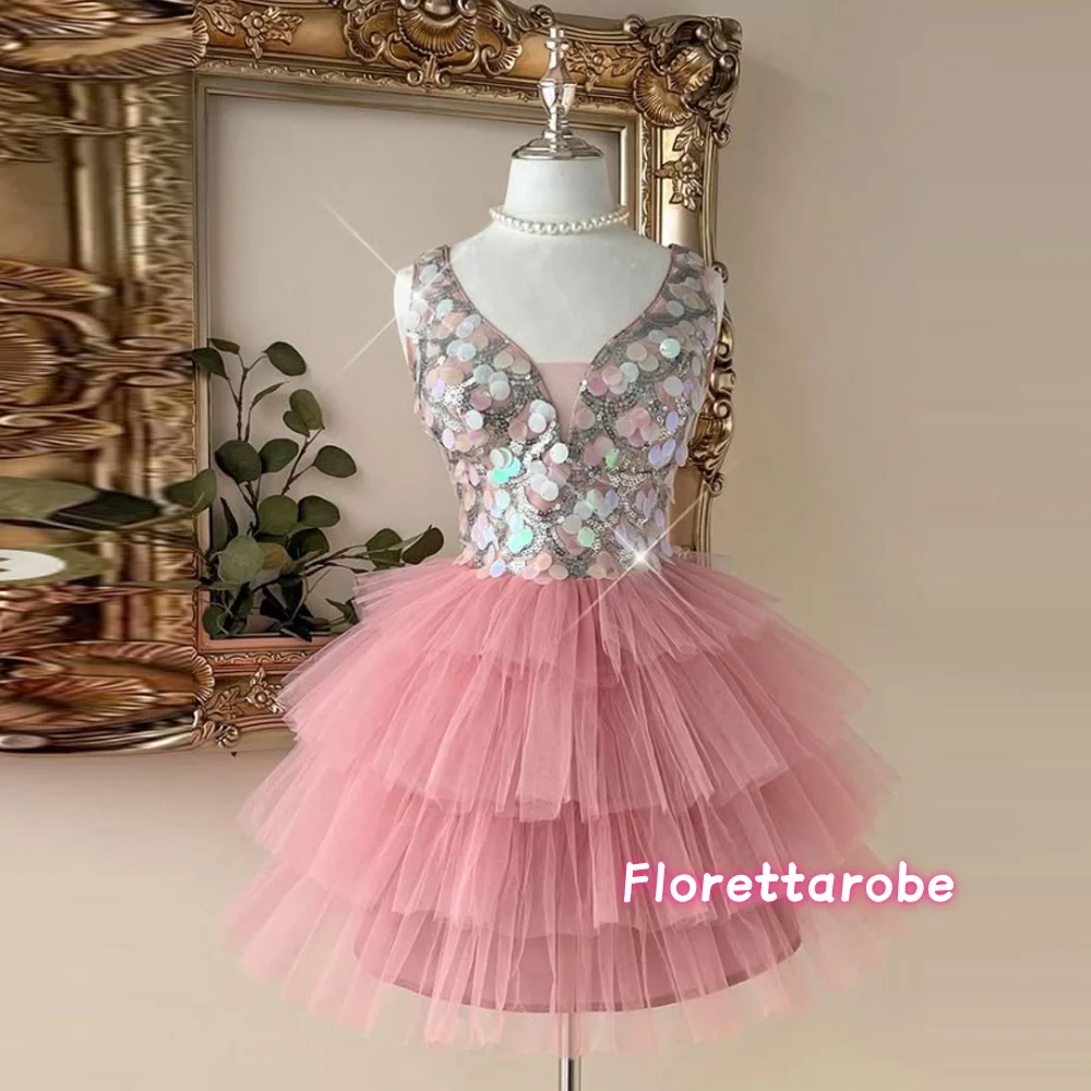 

Customized Sexy Short Homecoming Dresses Sequins Layered Ruffles Tulle Prom Party Gown Sleeveless Pink Mini Evening Dress