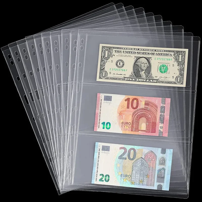 5pcs 3-Slot Loose Leaf Sheet Transparent Banknotes Holder Portable Paper Money Protective Bag Paper Money Collection Album