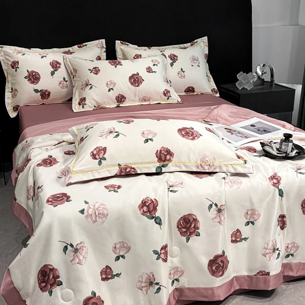 Romantic Rose Flower Comforter Set Single Queen Botanical Floral Bedding Set Boho Soft Summer Cool Thin Quilt with 2 Pillowcase