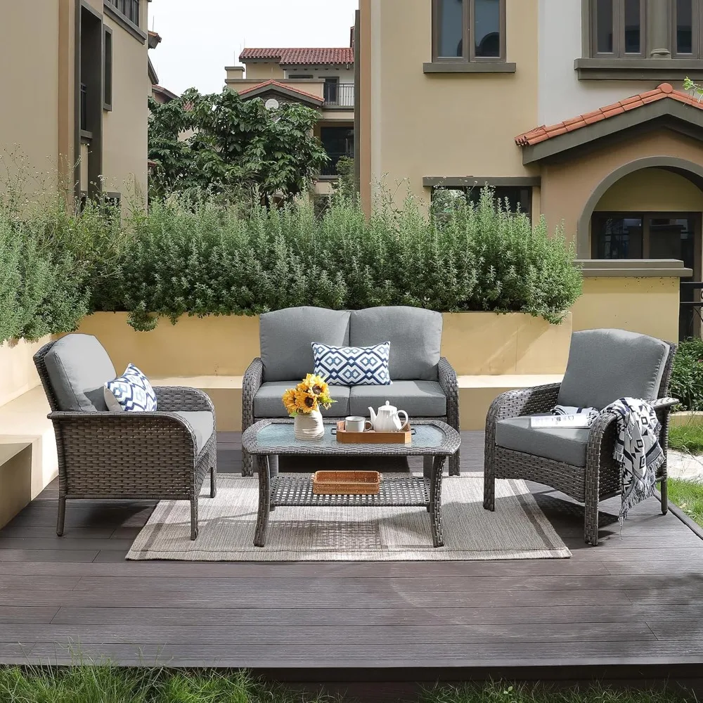 

4-Piece Wicker Patio Furniture Set, Weather Rattan Conversation Bistro Chair and Table Set w/Soft Cushions and Metal Table