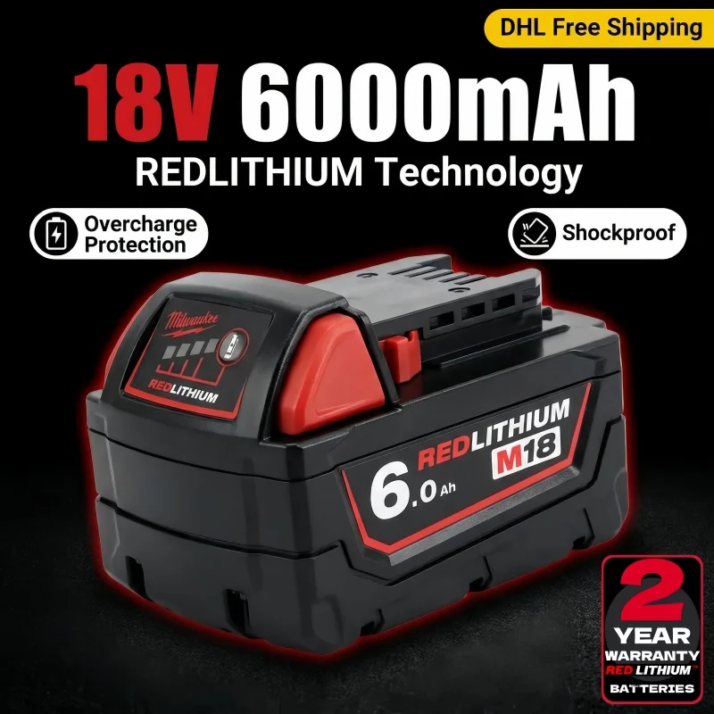 100% Original Milwaukee Battery M18, 6.0Ah, Milwaukee Charger, M18B6 M18B5 48-11-1860, 48-11-1850, 48-11-1840, Tool Lithium Batt
