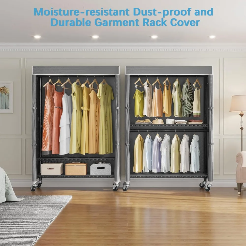R2C Plus Heavy Duty Rolling Garment Rack with Cover Clothing Racks for Hanging Clothes Portable Closets with Adjustable 3 Wire