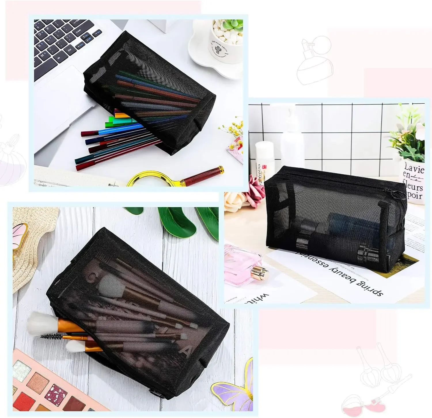 1-12 pezzi Mesh Clear Cosmetic Bags piccola grande borsa per il trucco nera custodia portatile da viaggio per articoli da toeletta custodia per