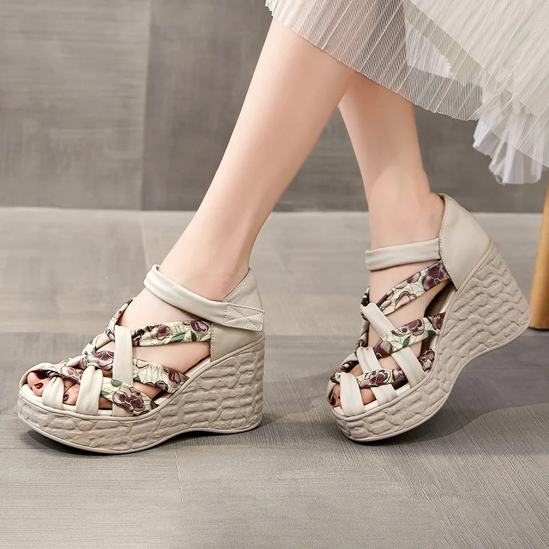 DRKANOL 2024 Women Wedges Sandals Summer Shoes Printing Cross Genuine Leather National Style Chunky Platform Fish Mouth Sandals