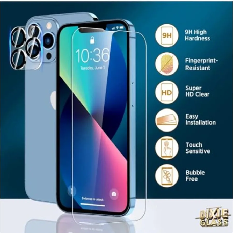 Pellicola salvaschermo in vetro temperato per iPhone 14 Pro da 3 pezzi + protezione per obiettivo fotocamera da 3 pezzi