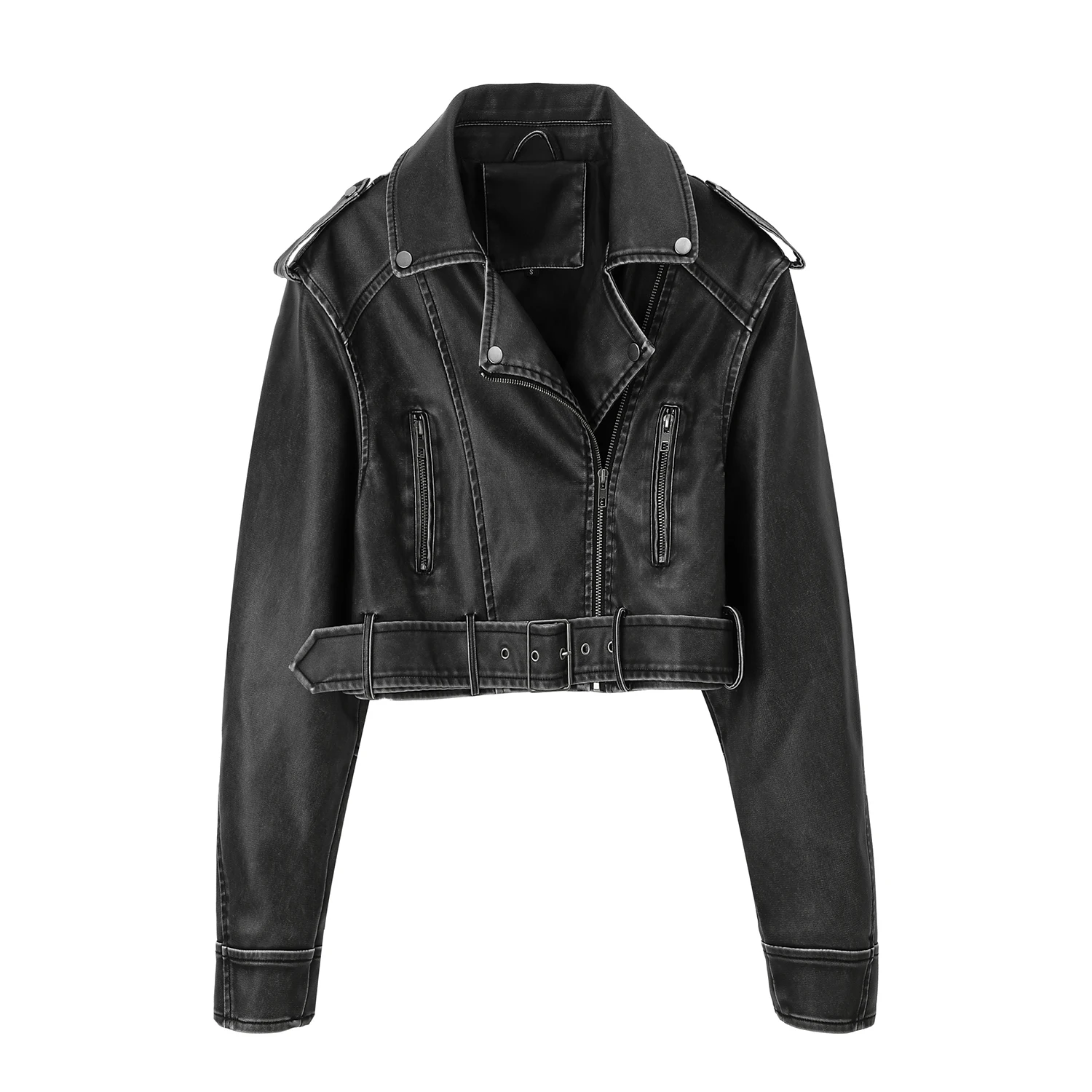 

​ ​ Women's Black Pu Leather Moto Jacket Slim Fit Adjustable Waist Belt Silver Studs Zipper Closure Spring Autumn Winter Coats ​ ​