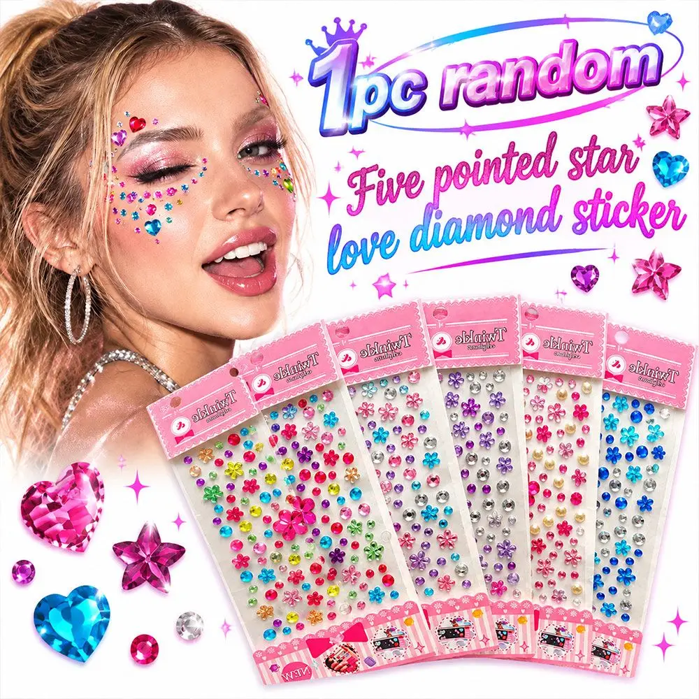 Self Adhesive Rhinestone Stickers Colorful 3D Facial Tattoo Heart Shaped Face Gem Stickers for Party Birthday Festival Gift