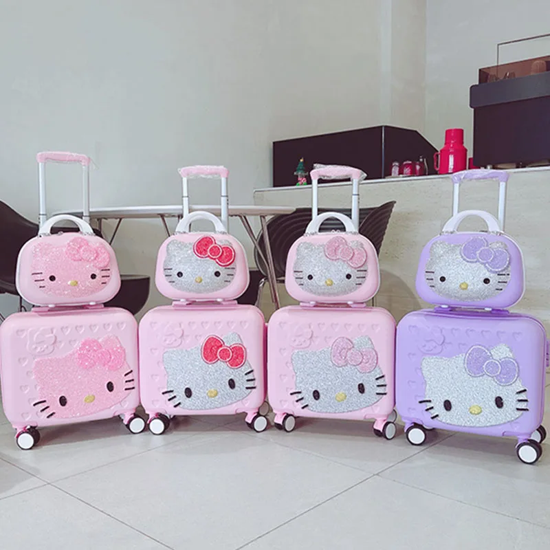 Sanrioed Hello Kittys Exquisite Rhinestone Suitcase Cartoon Travel Cosmetic Case Large-Capacity Multi-Functional Cute Girls Gift