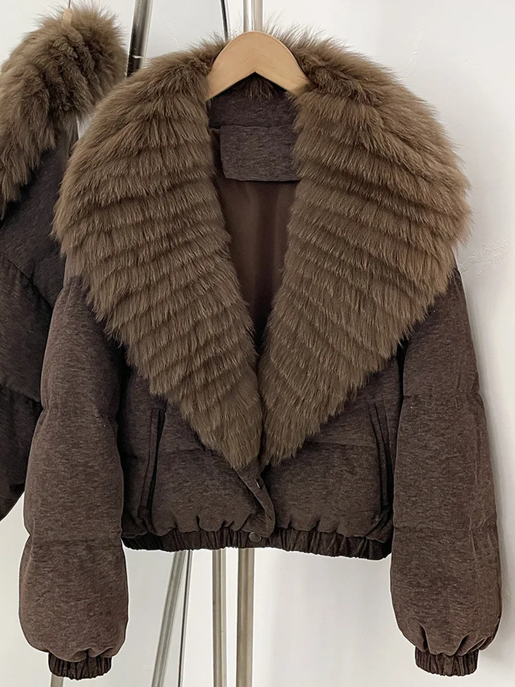 ONEXWEN Women Short Puffer Jacket, Faux Fur Big Collar Cropped Down Coat, Winter Loose High Waist Warm Outerwear RU50
