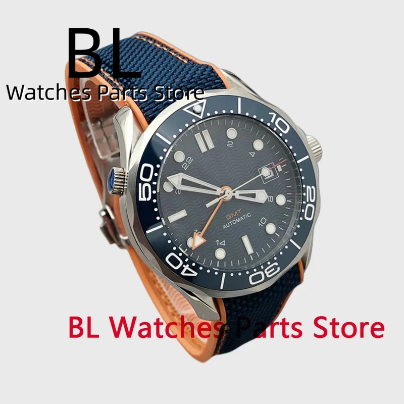 BLIGLER 41mm GMT Watch For Men Blue Wave Dial With Green Luminous NH34 DG5833 Movement Blue Orange Rubber Strap Sapphire Crystal